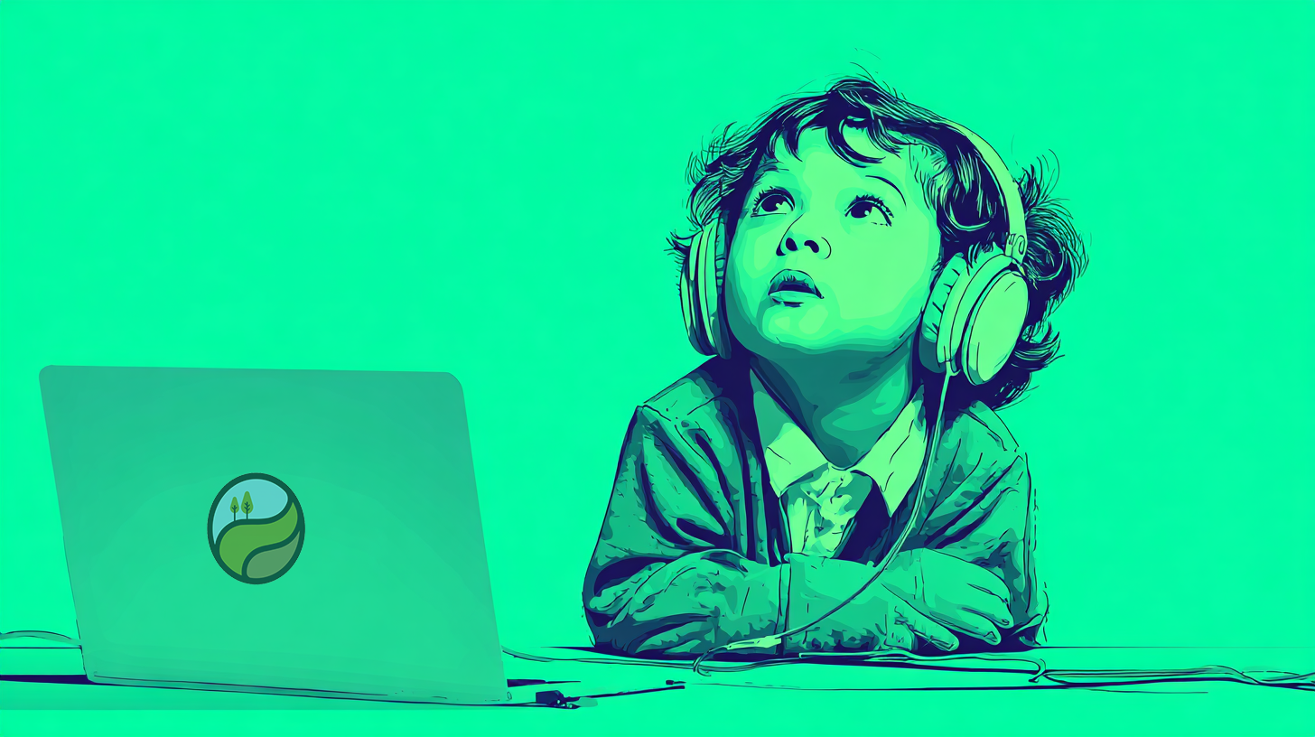 Young student wearing headphones and using a tablet for online learning, representing communication barriers in remote education.