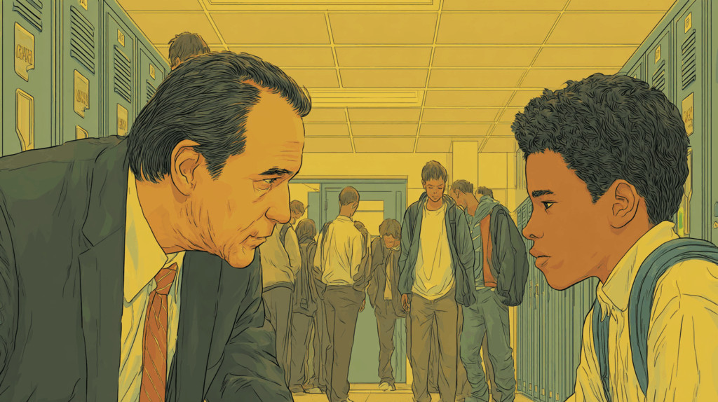 School staff member speaking calmly with a student in a hallway, showing why de-escalation is no longer a crisis tool but a core school skill.