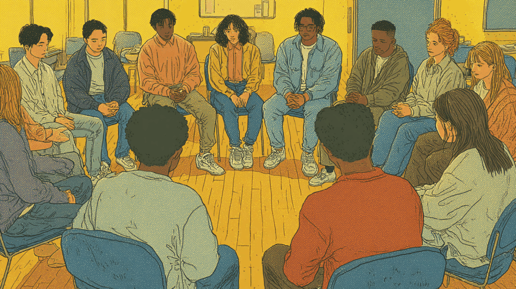 Diverse group of students seated in a circle for a calm discussion, representing de-escalation as a core school skill rather than only a crisis tool.