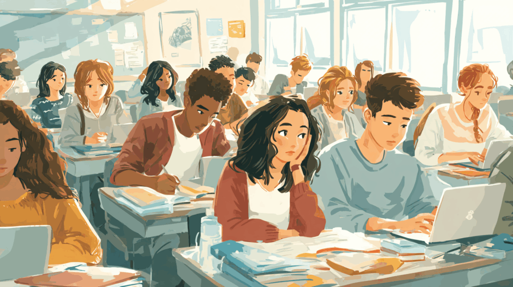 Students sitting in a crowded classroom looking tired and mentally overloaded, illustrating why everything feels like a crisis in schools in 2026.