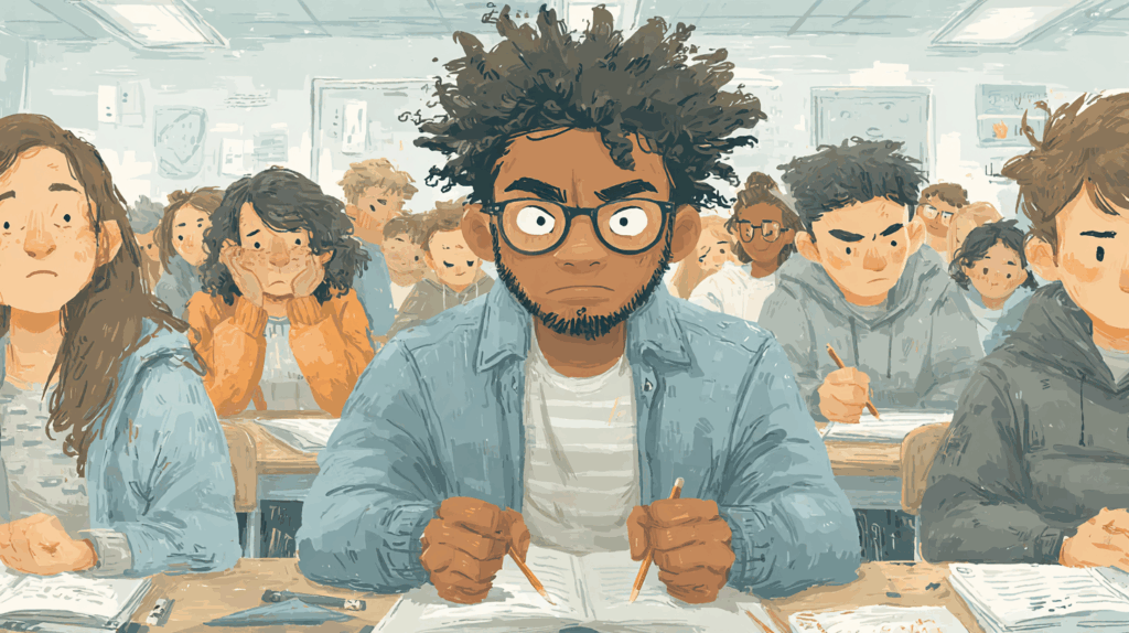 Stressed student gripping pencils at a classroom desk while other students look overwhelmed, showing cognitive overload and the breakdown of coping capacity in schools.