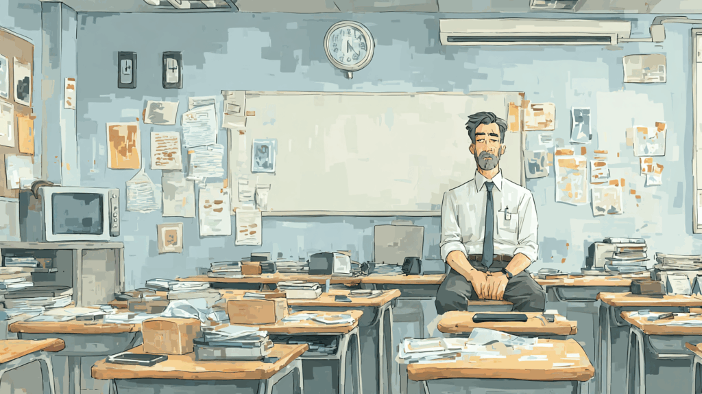 Exhausted teacher sitting alone in a messy classroom surrounded by papers and school materials, representing the breakdown of coping capacity in schools in 2026.