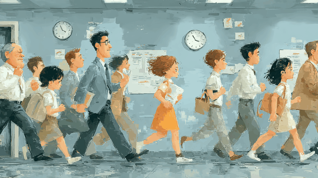 Students and adults hurrying through a school hallway, symbolizing why everything feels like a crisis in schools and how cognitive overload shapes daily routines.
