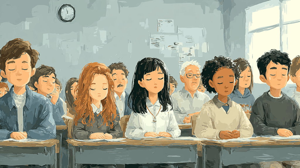 Diverse group of students sitting quietly with eyes closed in a classroom, suggesting recovery from cognitive overload and support for coping capacity in schools.