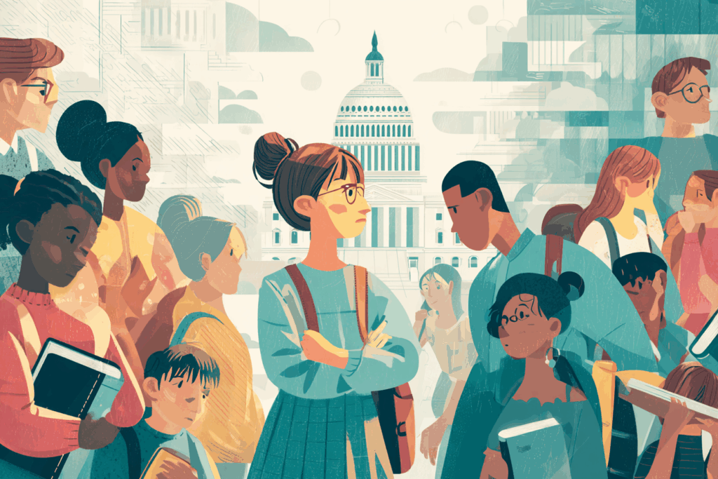 Illustration of students near the U.S. Capitol representing Congress reintroducing the Keeping All Students Safe Act for schools in 2026