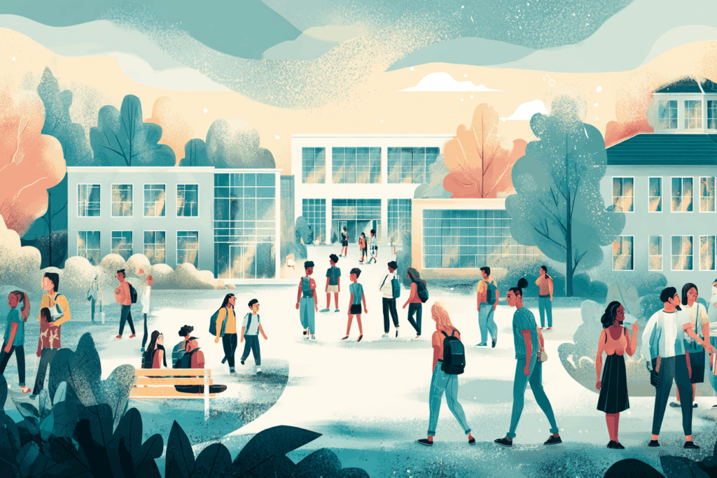 Students walking across a school campus representing the impact of the Keeping All Students Safe Act on schools in 2026