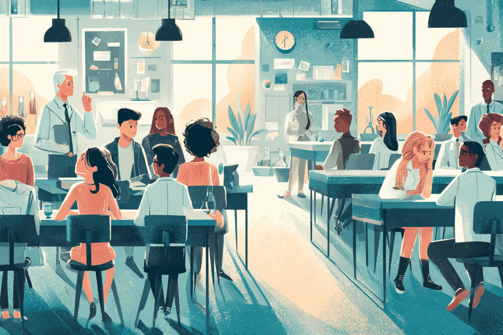 Modern classroom with students and teacher illustrating safe learning spaces connected to the Keeping All Students Safe Act