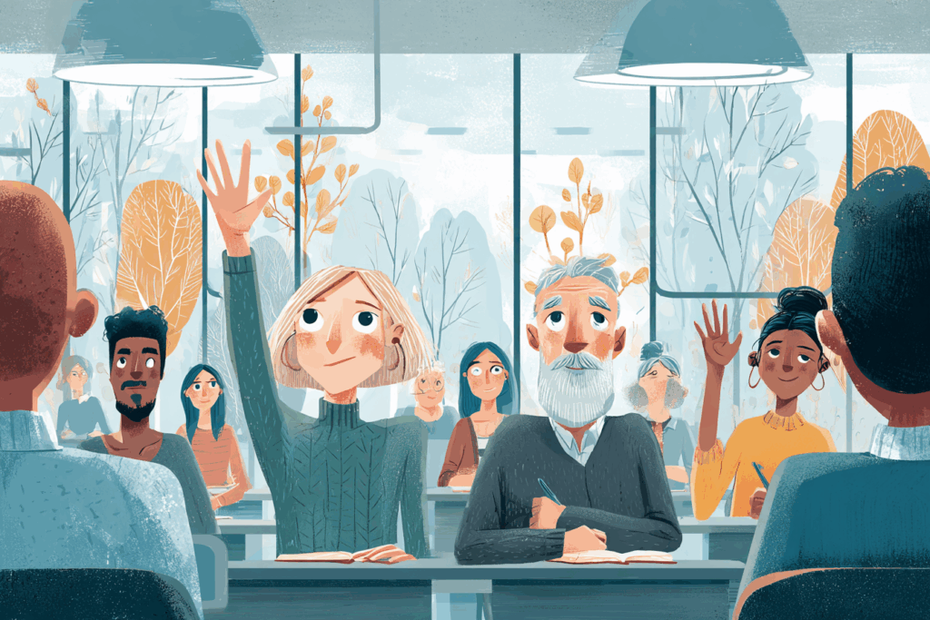 Adults raising hands in a classroom representing professional development and self-care in Better in 2026 From Burnout to Balance