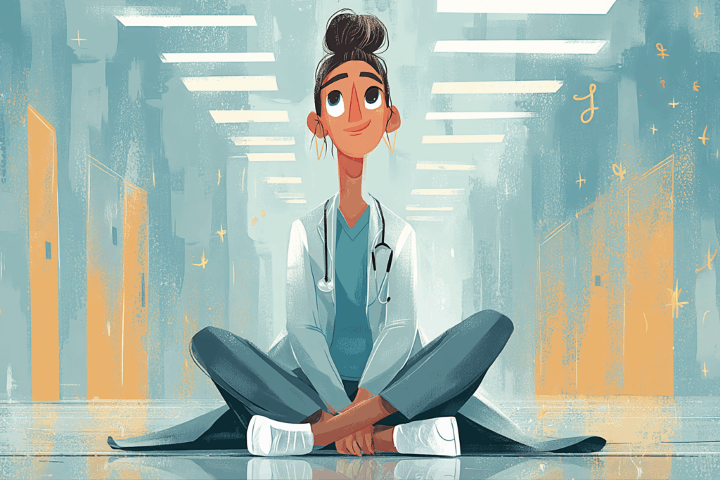 Healthcare worker sitting calmly on a hospital floor representing Better in 2026 From Burnout to Balance self-care practices