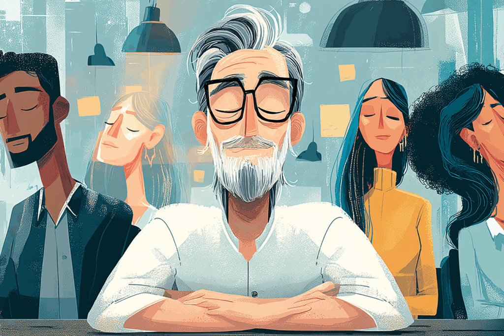 Professional meditating with coworkers in the background symbolizing workplace wellness and Better in 2026 From Burnout to Balance