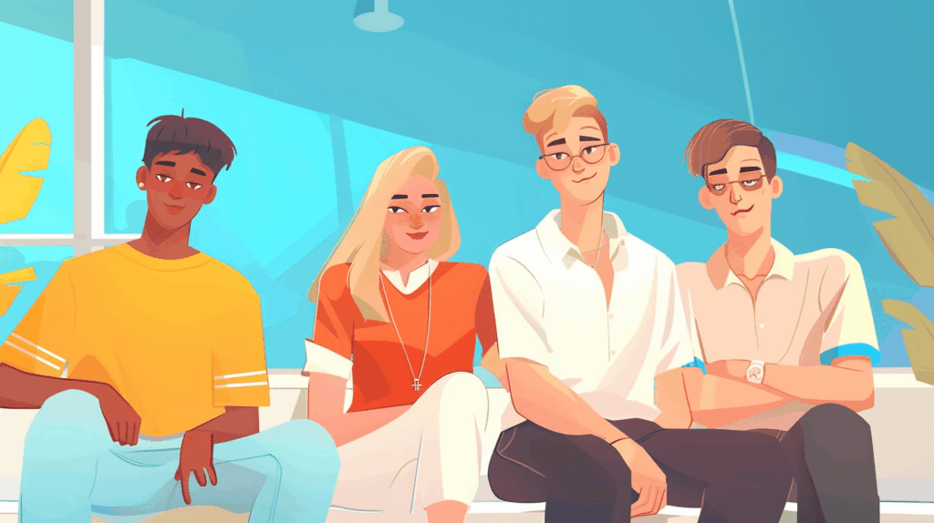 Illustration of a diverse group of young adults sitting together, representing Gen Z and workplace mental health from a new perspective.