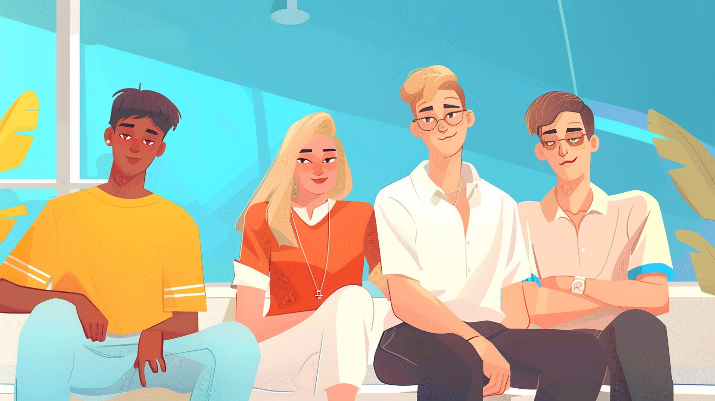 Illustration of a diverse group of young adults sitting together, representing Gen Z and workplace mental health from a new perspective.