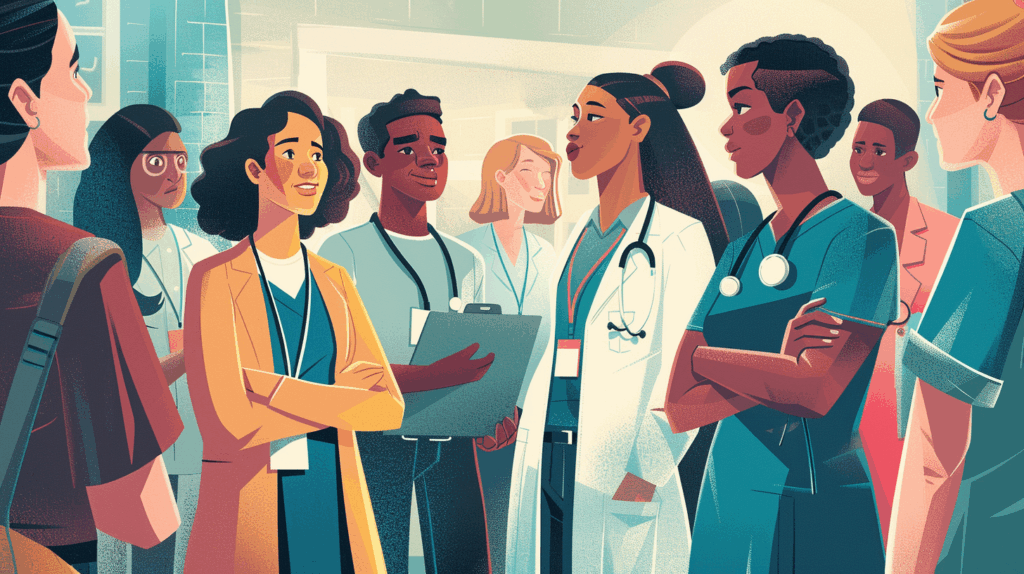 Diverse healthcare professionals standing together in a hospital, talking in a supportive group setting that reflects sustainable self-care and balance.