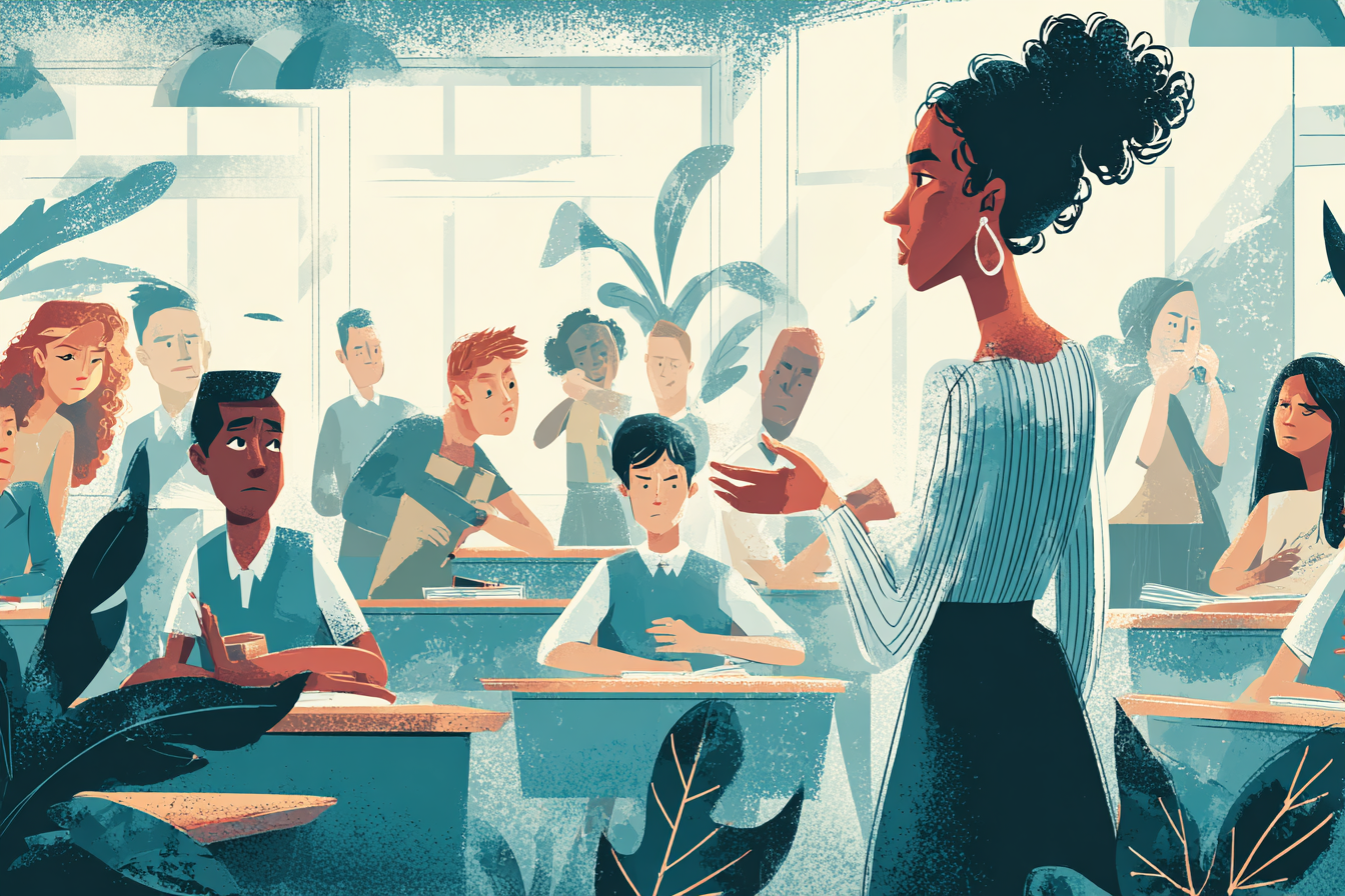 Teacher addressing students in a classroom demonstrating how to de-escalate conflict in classrooms without losing authority