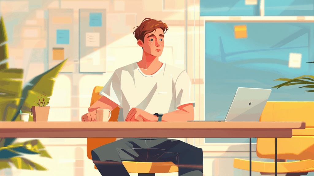 Illustration of a young employee sitting at a desk with a laptop and coffee, reflecting on workplace mental health in a Gen Z office environment.