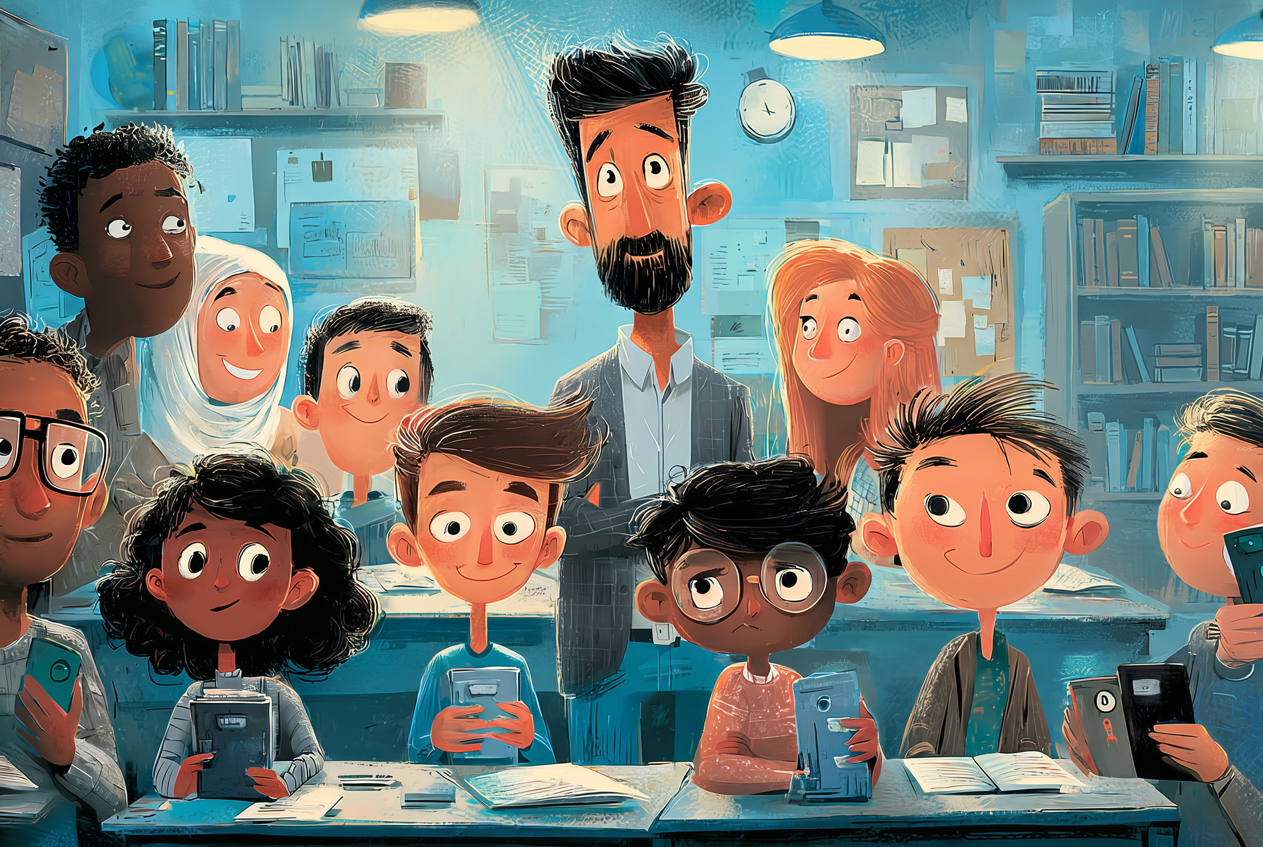 Illustrated classroom scene with a teacher standing among diverse students holding devices, representing how to talk to students who get their information from TikTok, YouTube, and AI.