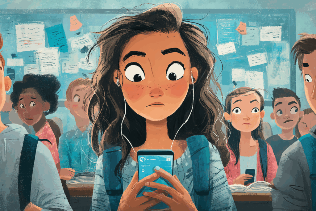 Illustration of a student in a classroom looking at a smartphone with other students in the background, showing students who get their information from TikTok, YouTube, and AI.