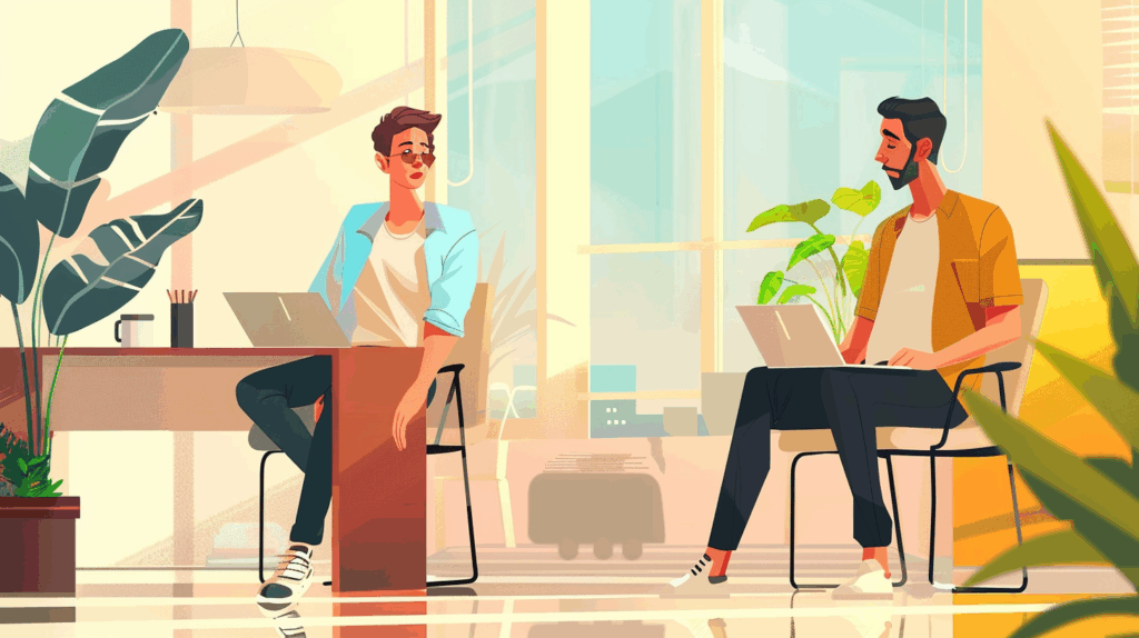 Illustration of two coworkers talking with laptops in a bright office, showing Gen Z workplace mental health and supportive communication.