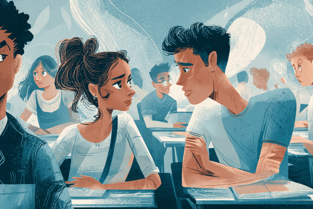 Two students having a tense conversation in class showing a moment where teachers can de-escalate conflict in classrooms without losing authority