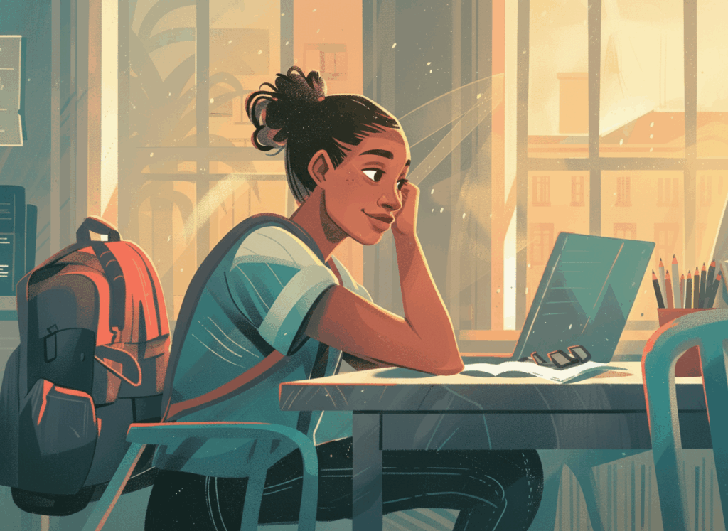 Young woman sitting at a desk with a laptop and notebook, studying in warm light, representing sustainable self-care and balance for education and healthcare professionals.