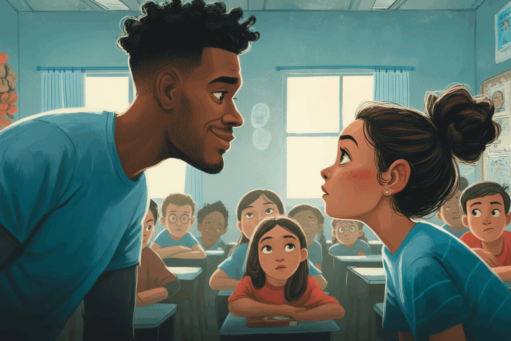 Illustrated classroom conversation between an adult and a student facing each other while classmates watch, symbolizing how to talk to students who get their information from TikTok, YouTube, and AI.