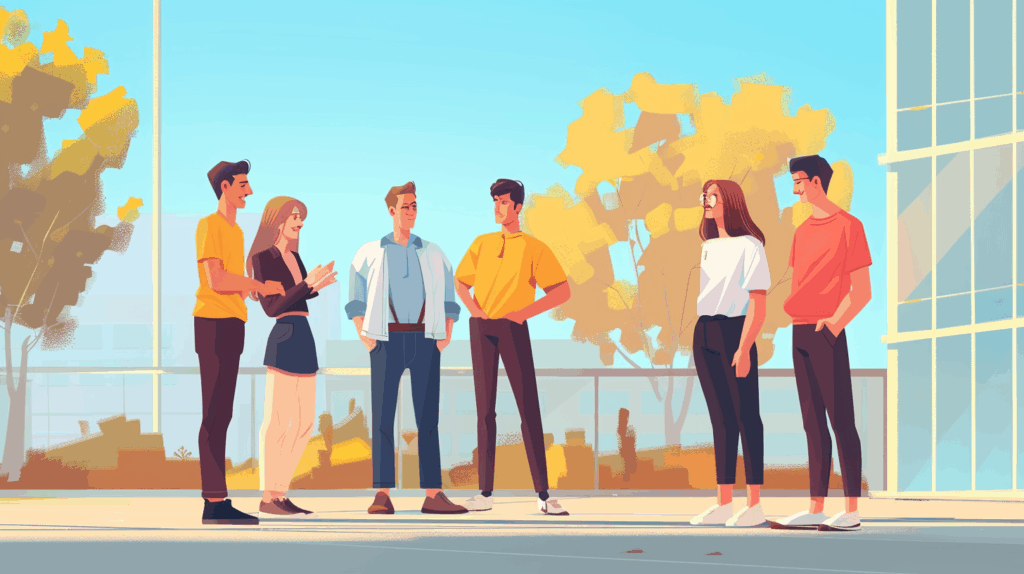 Illustration of a group of young professionals standing together in an office, representing Gen Z and workplace mental health through teamwork and belonging.