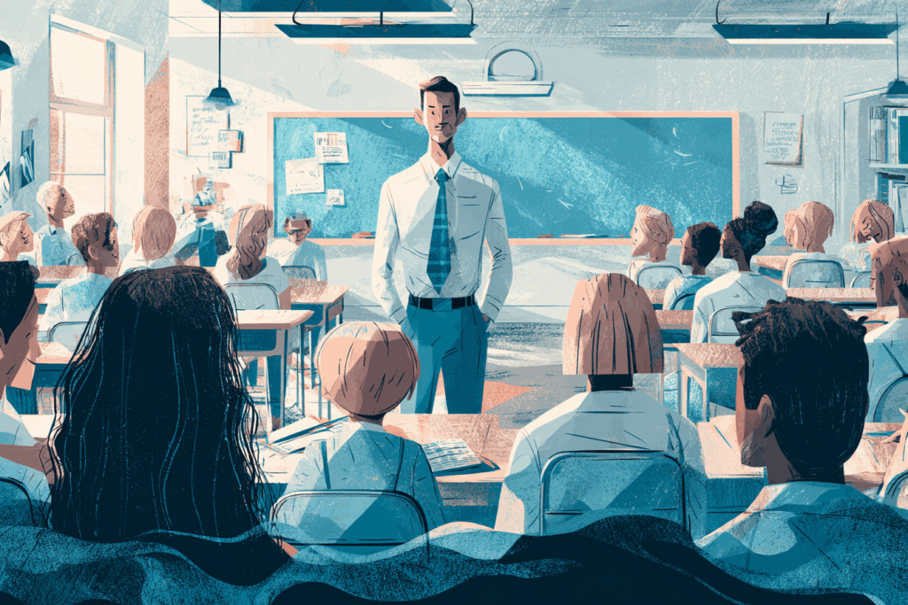 Teacher standing confidently in front of classroom maintaining control while working to de-escalate conflict in classrooms