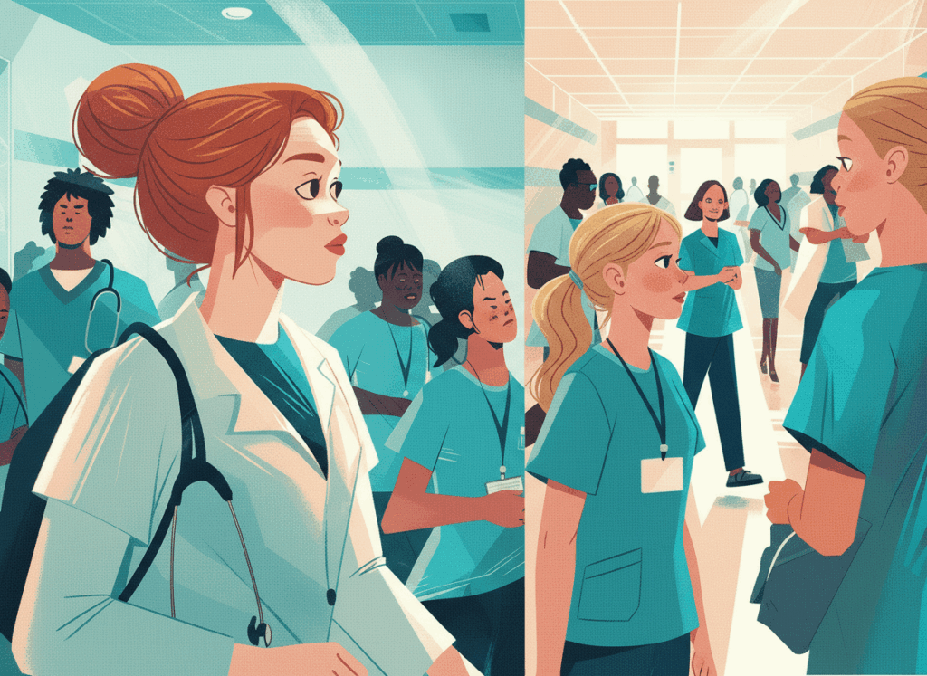 Split-style illustration of healthcare professionals in scrubs and white coats talking in a hospital hallway, showing connection and sustainable self-care.