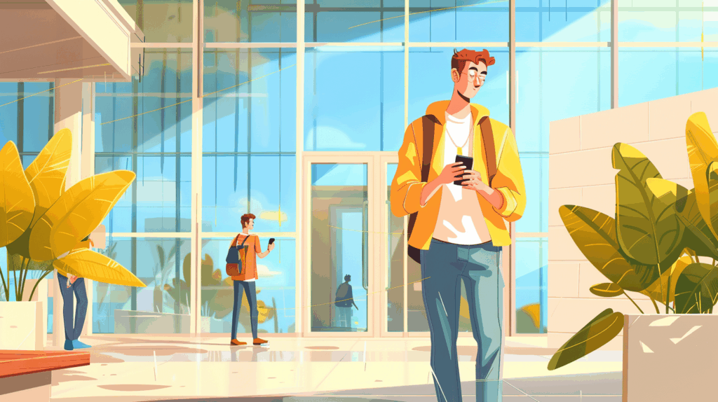 Illustration of a young professional using a phone in a bright office lobby, reflecting Gen Z workplace mental health and a modern work atmosphere.