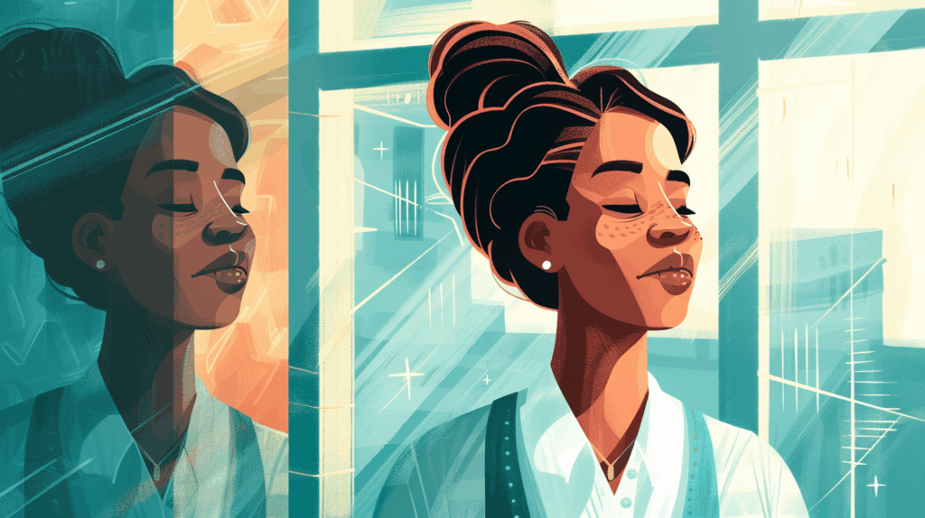 Stylized portrait of a woman with eyes closed near a window, conveying calm, reflection, and sustainable self-care.
