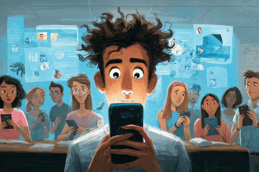 Illustration of a student staring at a glowing smartphone while classmates also use devices, representing students who get their information from TikTok, YouTube, and AI.