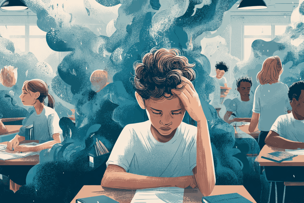 Student feeling overwhelmed at desk representing emotional triggers that require strategies to de-escalate conflict in classrooms without losing authority