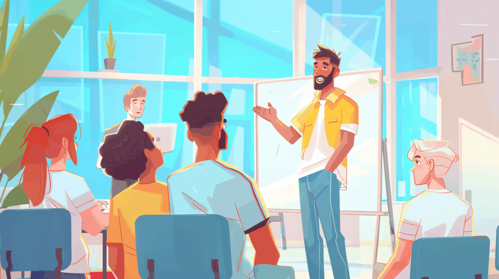 Illustration of a team presentation in an office with a speaker and attentive young employees, symbolizing Gen Z and workplace mental health awareness.