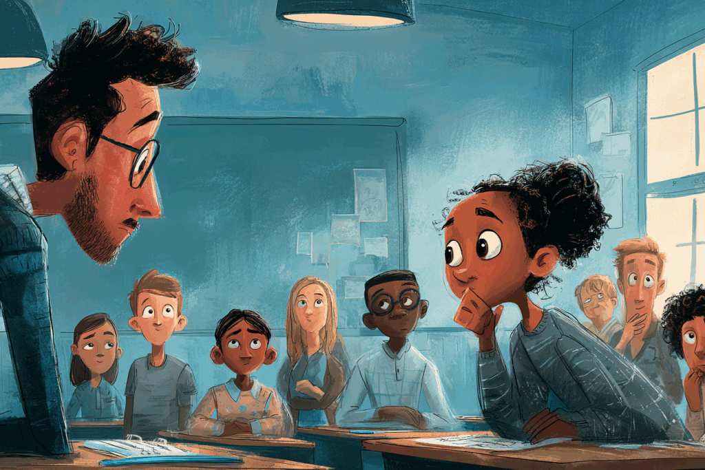 Illustrated teacher and student in a classroom discussion while other students observe, reflecting how to talk to students who get their information from TikTok, YouTube, and AI.