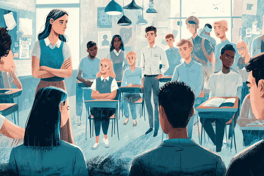 Classroom of students reacting to tension illustrating the importance of strategies to de-escalate conflict in classrooms without losing authority