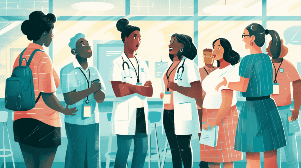 Group of healthcare professionals gathered outdoors in front of a government building, symbolizing advocacy, teamwork, and sustainable self-care.