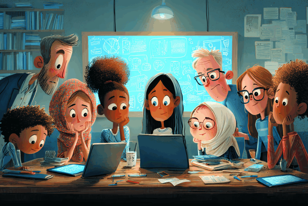 Illustration of students and teachers gathered around laptops in a classroom, showing collaborative learning for students who get their information from TikTok, YouTube, and AI.