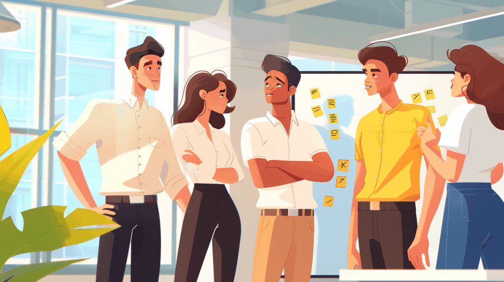 Illustration of young coworkers gathered near a whiteboard, talking and collaborating in a workplace focused on Gen Z mental health.