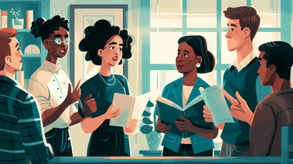 Small group of adults holding papers and books while talking indoors, representing collaboration, learning, and sustainable self-care for education professionals.