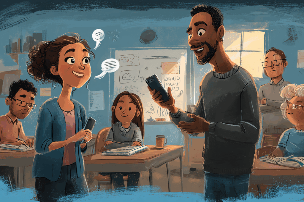 Illustrated classroom scene of a teacher and student holding phones and having a positive conversation, showing how to talk to students who get their information from TikTok, YouTube, and AI.
