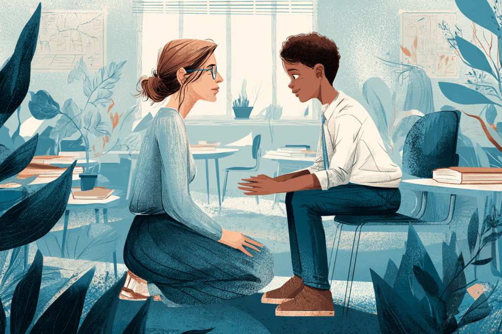 Teacher talking privately with student showing a calm approach to de-escalate conflict in classrooms without losing authority