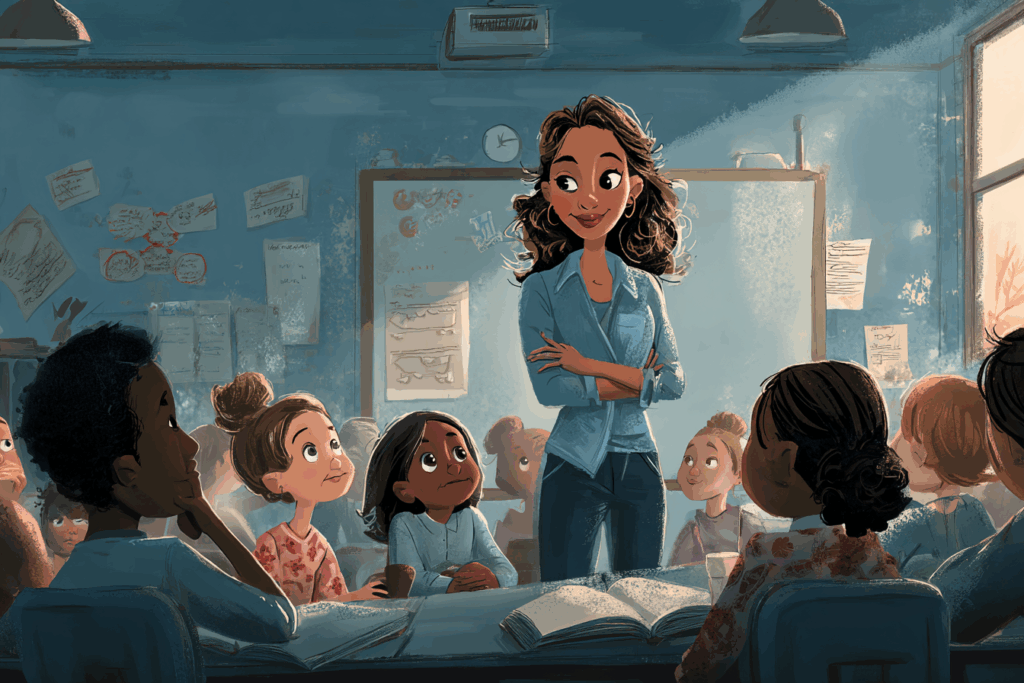 Illustration of a teacher standing confidently in front of students in a classroom, representing how to talk to students who get their information from TikTok, YouTube, and AI.
