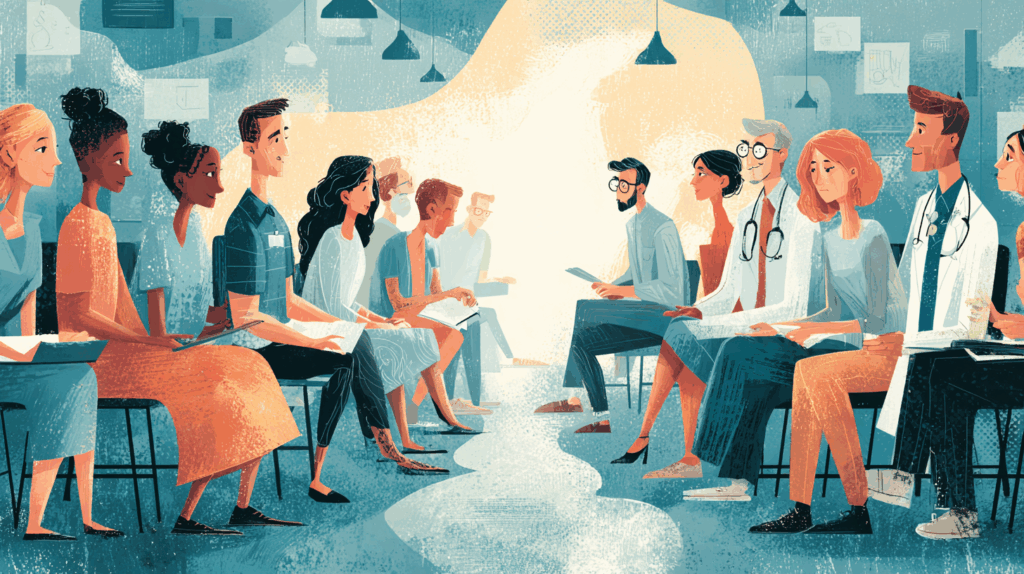 Group of adults seated in a circle in a workshop or support setting, suggesting discussion, community care, and balance for healthcare and education professionals.