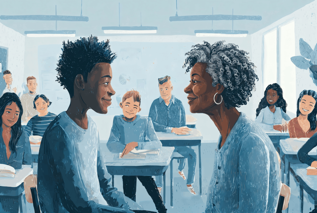 Two students in a guided discussion with peers observing, demonstrating conflict resolution strategies in classrooms without losing authority