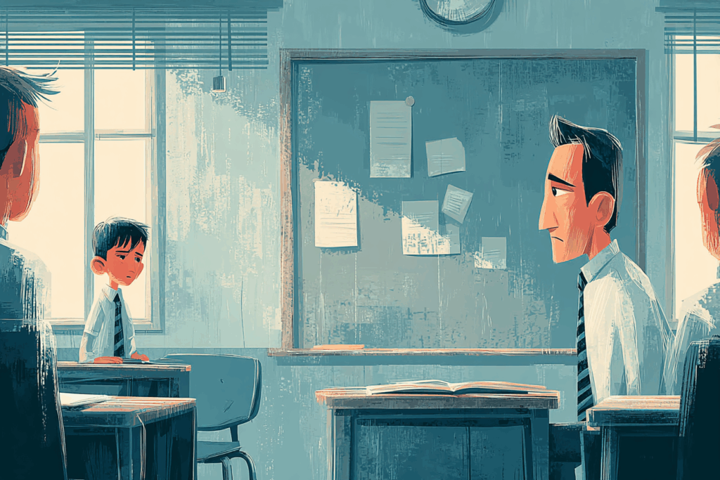 Illustration of a worried student sitting alone in a classroom while adults observe, representing early warning signs and how to recognize risk before it becomes a crisis.