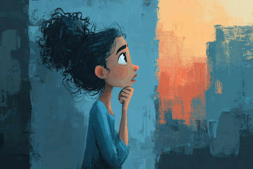 Illustration of a concerned young woman sitting near a window, showing emotional stress as an early warning sign of risk before it becomes a crisis.