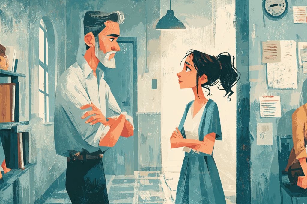 Illustration of an older man speaking with a younger woman in a school or office setting, showing how to recognize risk before it becomes a crisis.
