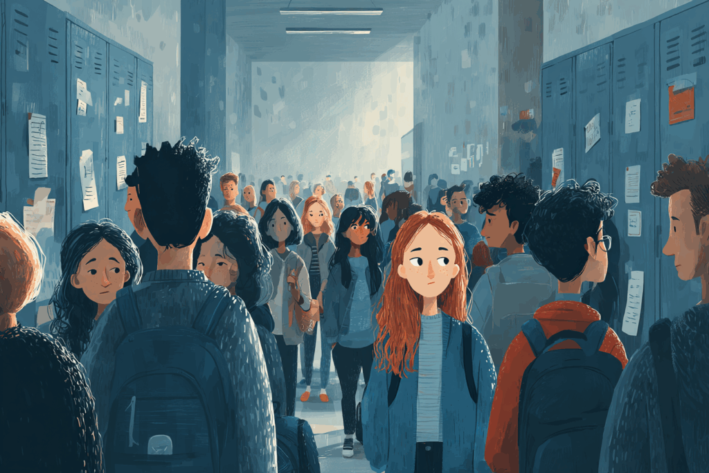Illustration of students walking through a crowded hallway, representing the challenge of recognizing risk and early warning signs in a busy school setting.