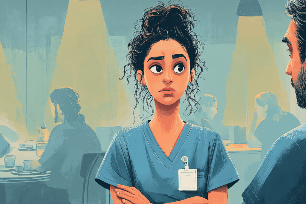 Illustration of a healthcare worker standing with crossed arms during a serious conversation, showing early warning signs of conflict, stress, or risk.