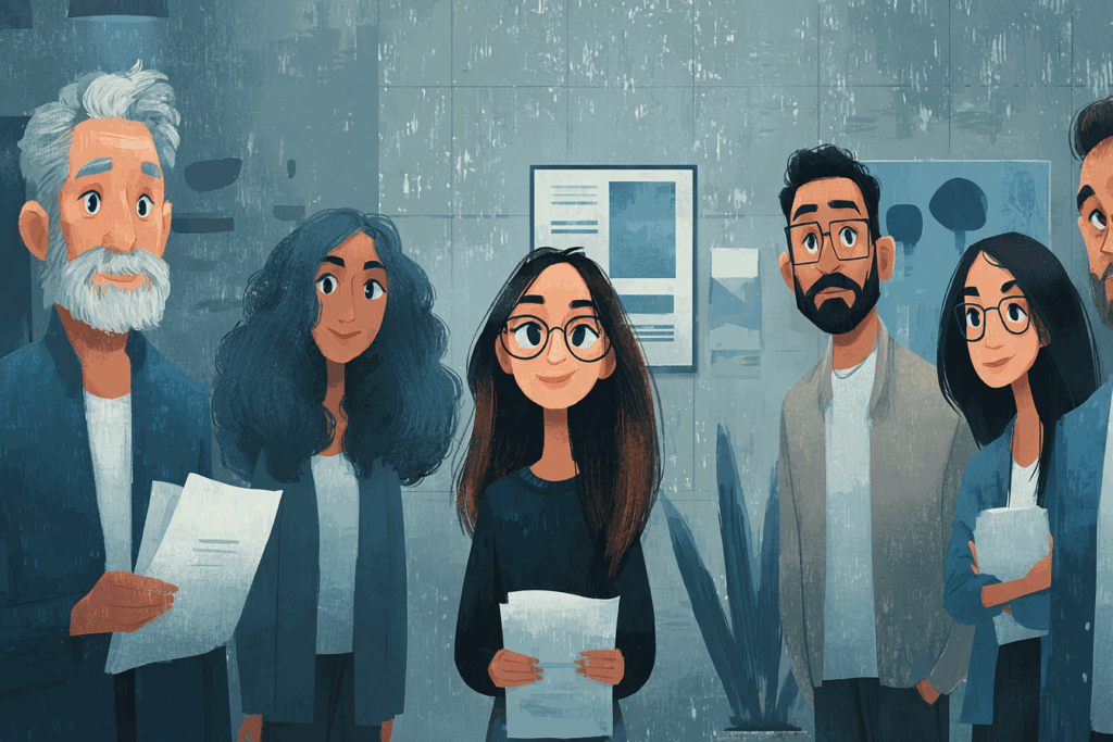 Illustration of several professionals in a tense meeting, representing how to recognize risk, conflict, and early warning signs before they become a crisis.